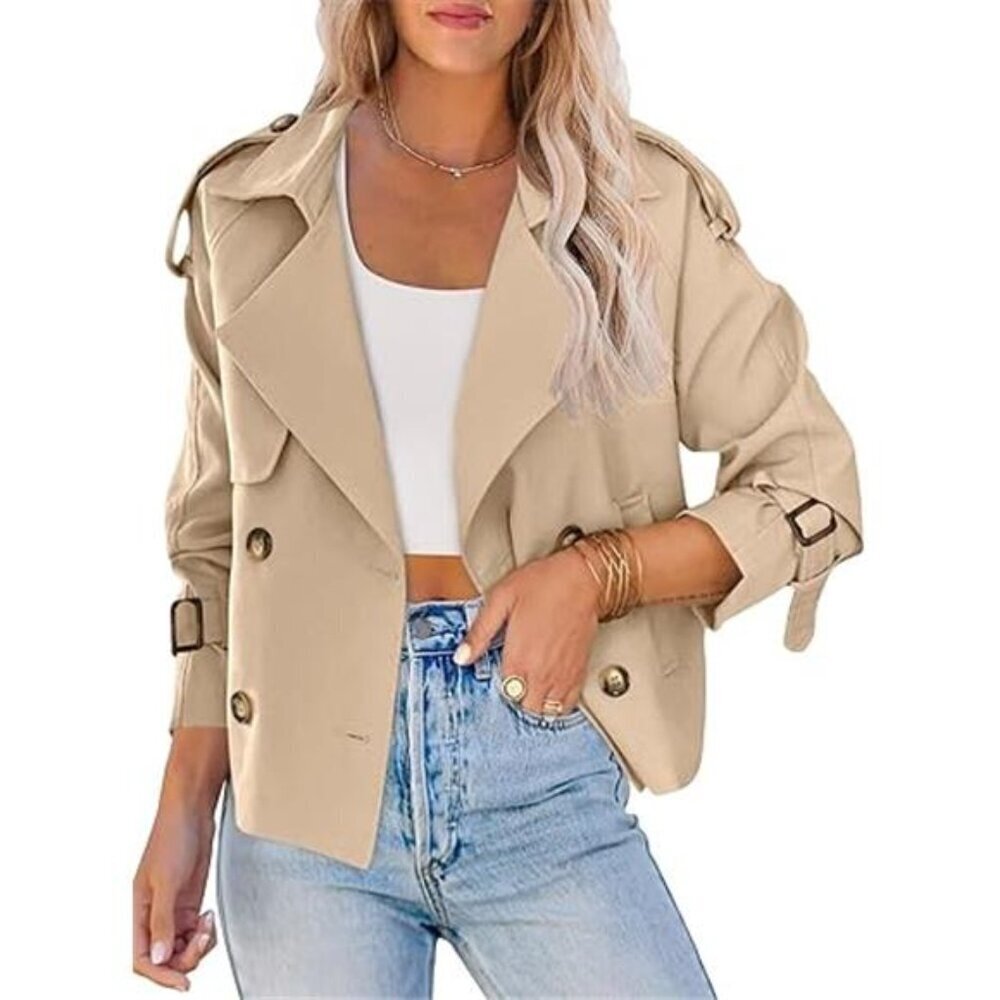 Women Crop Double Breasted Trench Coat Raglan Sleeve Work Office - Picture 7 of 7